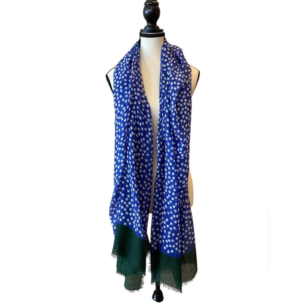 Blue Polka Dot Fringe Scarf with Green Border